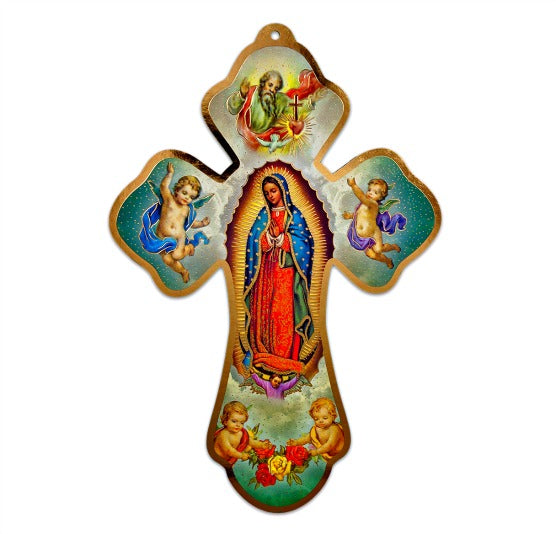 Gold Stamped Our Lady of Guadalupe with Cherubs 7" Wood Wall Cross,- ITALY