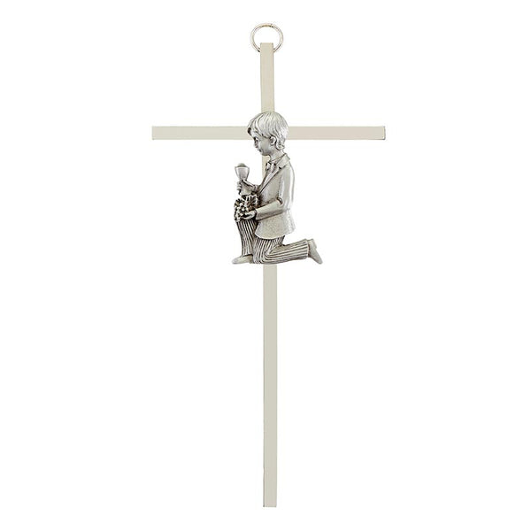 First Communion Boy 7" Wall Cross - Pewter Finish by Jeweled Cross