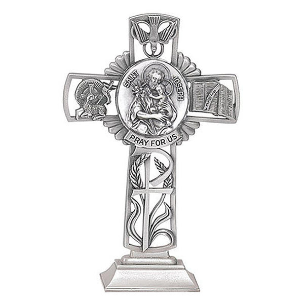 St. Joseph & Child Jesus 5" Pewter Standing Cross by Jeweled Cross Made in USA