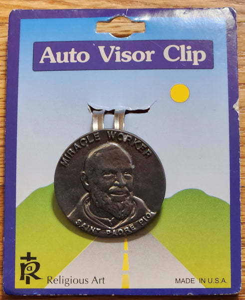 St. Padre Pio Round Visor Clip - Silver in Color