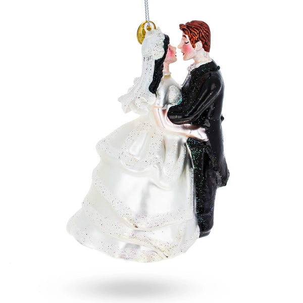 Bride & Groom Wedding Kiss Glass Christmas Ornament
