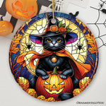 Black Cat in Witch Hat & Jack-O-Lantern Halloween Ornament