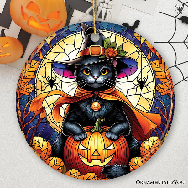 Black Cat in Witch Hat & Jack-O-Lantern Halloween Ornament