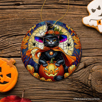 Black Cat in Witch Hat & Jack-O-Lantern Halloween Ornament