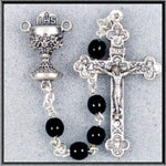 First Communion 5MM Black Glass Rosary Beads with Chalice Centerpiece