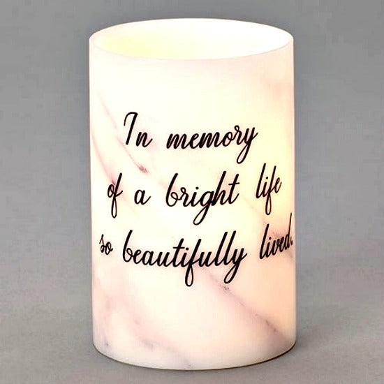 LED 6" Memorial Wax Candle with Saying - In Memory of a Bright Life... Roman
