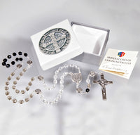St. Benedict Tri-Color Deluxe Glass Rosary Beads - Silver in Color