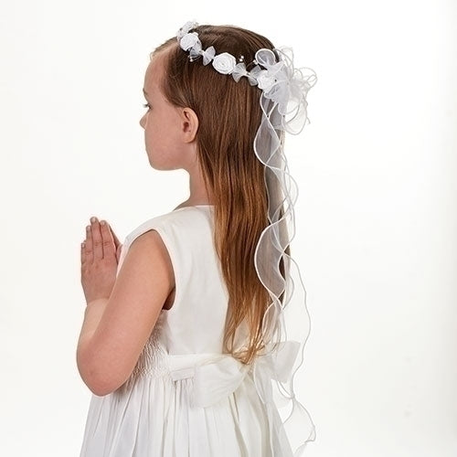 First Communion 26" Veil Ribbon with Floral Wreath - "Anne"