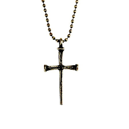 Pewter Brass Ox Long Nail Cross Pendant on 24" Chain Necklace