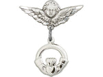 Claddagh Charm & Guardian Angel Sterling Silver Baby Badge Lapel Pin Bliss 4113SS/0735SS