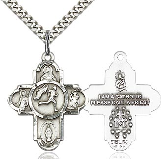 Sterling Silver 5 Way Track & Field Cross Pendant Necklace - St. Sebastian Patron of Athletes