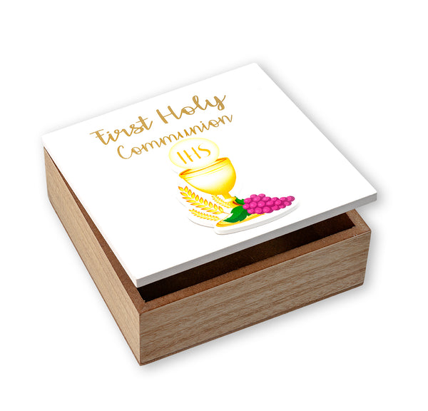 First Communion Wood Trinket Box 3-D Chalice Hirten 5984