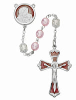 7MM Pink Pearl Rosary with Virgin Mary Center Boxed  McVan 772R/F