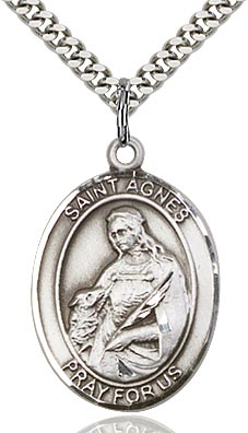 Sterling Silver St. Agnes Oval Patron Medal Pendant Necklace by Bliss