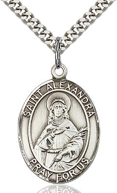 Sterling Silver St. Alexandra Oval Patron Medal Pendant Necklace by Bliss