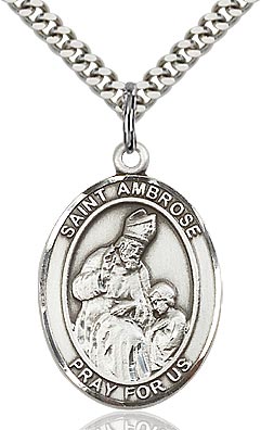 Sterling Silver St. Ambrose Oval Medal Pendant Necklace by Bliss