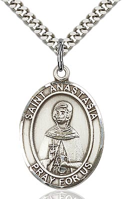 Sterling Silver St. Anastasia Oval Patron Medal Pendant Necklace by Bliss