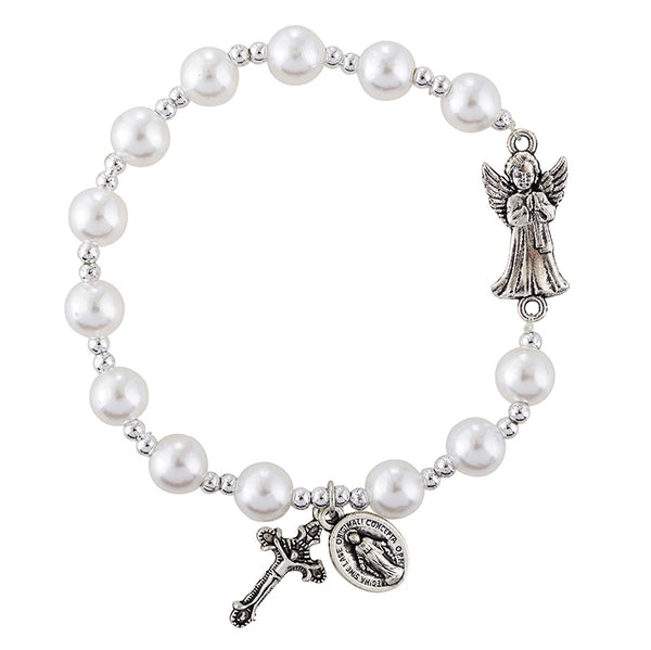 Guardian Angel Imit. Pearl Rosary Stretch Bracelet