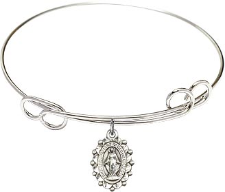 7.5" Round Double Loop Bangle Bracelet with Sterling Silver Miraculous Medal