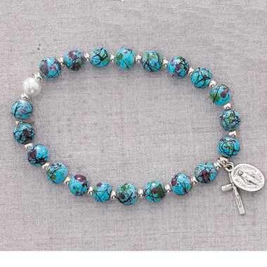 Aqua Venetian Glass Beads Stretchable Bracelet with Miraculous Medal & Crucifix Charms