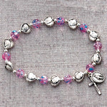 6MM Pink Glass Beads Stretch Bracelet with Silver Ox  Miraculous Medal & Crucifix