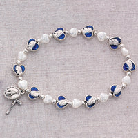 Blue & White Pearl Heart Glass Beads Stretch Bracelet with Miraculous Medal & Crucifix