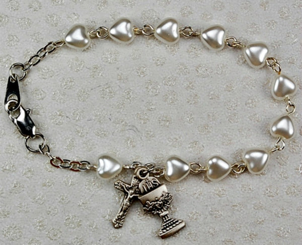 First Communion 6.5" White Pearl Heart Bracelet with Chalice & Crucifix Charms