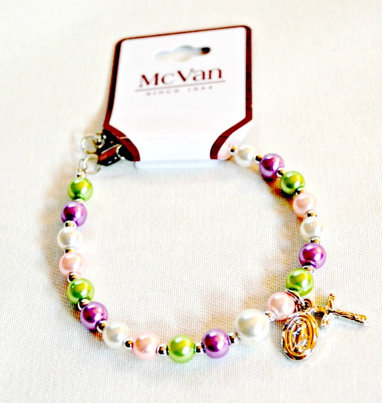 Pastel Pearlized Beaded Bracelet with MIraculous Medal & Crucifix Charms 