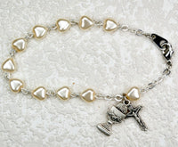 First Communion Heart Shaped Pearl Bracelet Chalice & Crucifix Charms