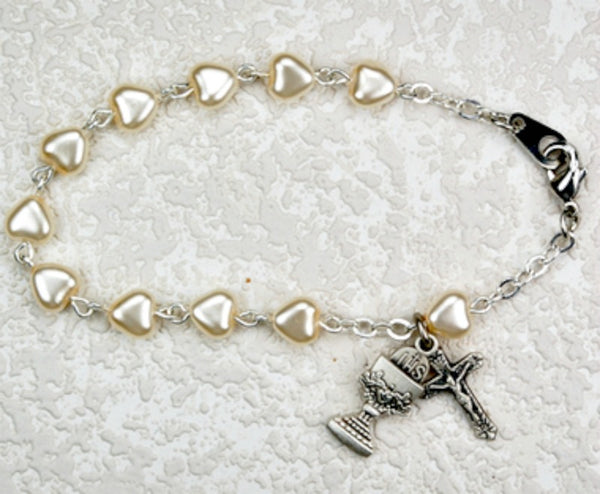 First Communion Heart Shaped Pearl Bracelet Chalice & Crucifix Charms