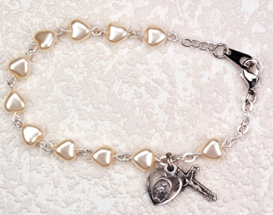 First Communion 6.5" White Pearl Heart Bracelet with Miraculous Medal & Crucifix Charms McVan BR67WM