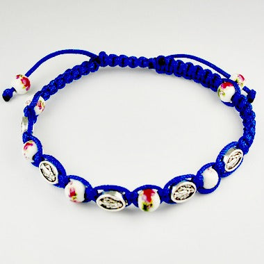 Miraculous Medal Blue Cord Adjustable Bracelet with Floral Beads