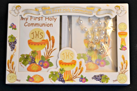 First Holy Communion 6MM Pearl Rosary & Prayer Booklet Set
