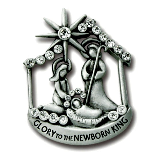 Pewter & Crystal Nativity Lapel Pin "Glory to the Newborn King" by Cathedral Art