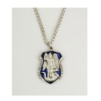 St. Michael Blue Enamel & Pewter Police Shield Pendant Necklace