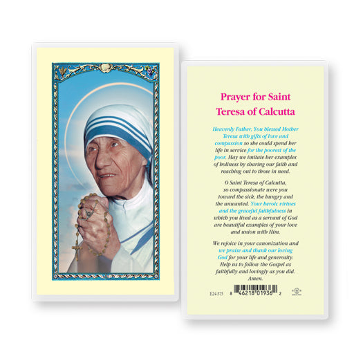 St. Teresa of Calcutta "Mother Teresa" Lamenated Prayer Cards - Pack of 25
