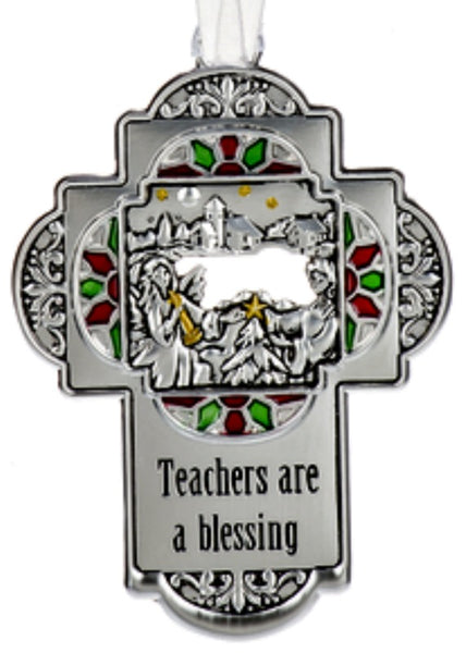 Teachers are a Special Blessing Metal Cross Ornament with Angel Placing Star on Tree