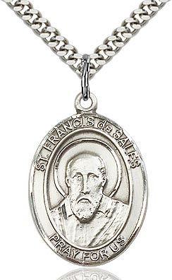 Sterling Silver St. Francis de Sales Patron Oval Medal Pendant Necklace by Bliss