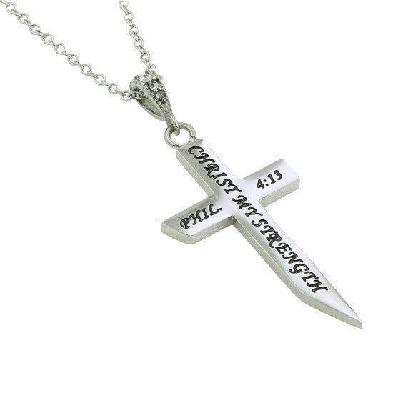 Stainless Steel 'Christ is My Strength" Cross Necklace 18" Stainless Chain