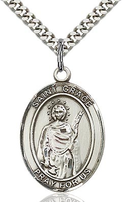 Sterling Silver St. Grace Oval Patron Medal Pendant Necklace by Bliss