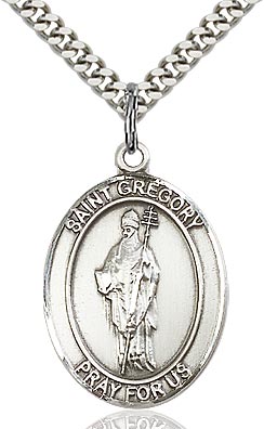 Sterling Silver St. Gregory the Great Patron Oval Medal Pendant Necklace by Bliss