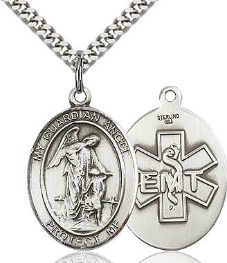 Sterling Silver Guardian Angel EMT Symbol Oval Medal Pendant Necklace by Bliss