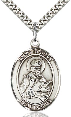 Sterling Silver St. Isidore of Seville Patron Oval Medal Pendant Necklace by Bliss