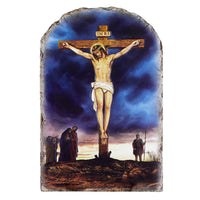 Crucifixion Arched Tile Plaque with Wire Stand by Michael Adams Avalon Gallery J0170