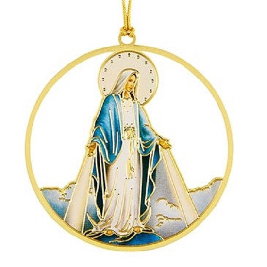 Enamel Our Lady of Grace in Brass Circle Metal Christmas Ornament 