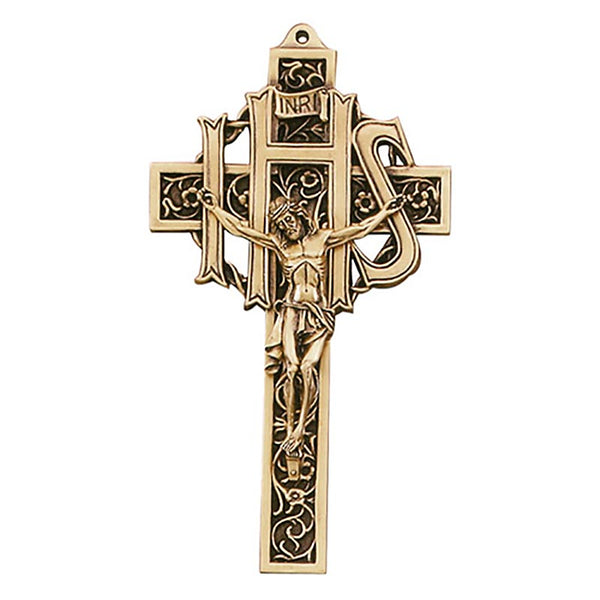 Gold Plate 9" Filigree IHS Wall Crucifix by Jeweled Cross