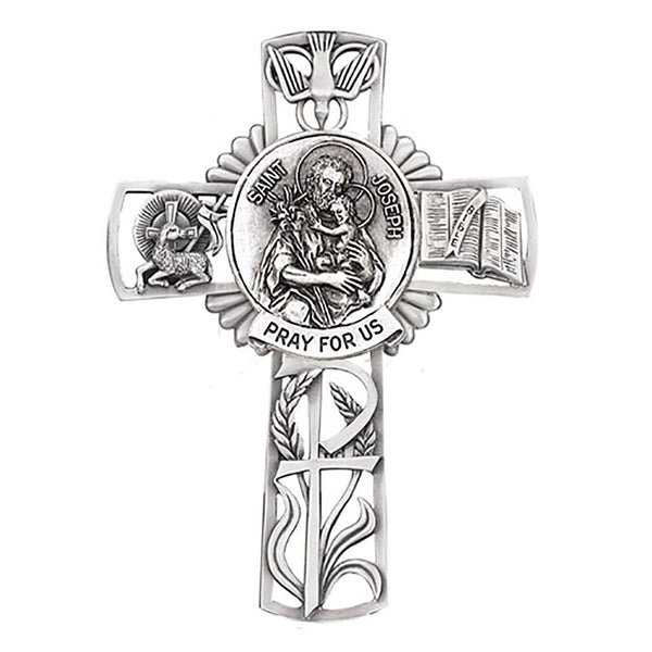 St. Joseph & Child Jesus Pewter 5" Wall Cross - Bethany Collection by Jeweled Cross