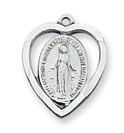 Sterling Silver Miraculous Medal in Heart on 18" Rhodium Chain by McVan