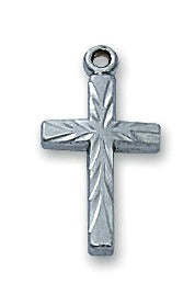 Etched Sterling Silver Cross on 16" Rhodium Chain Pendant Necklace