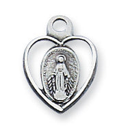 Sterling Silver Heart with Miraculous Medal on 16" Rhodium Chain Pendant Necklace